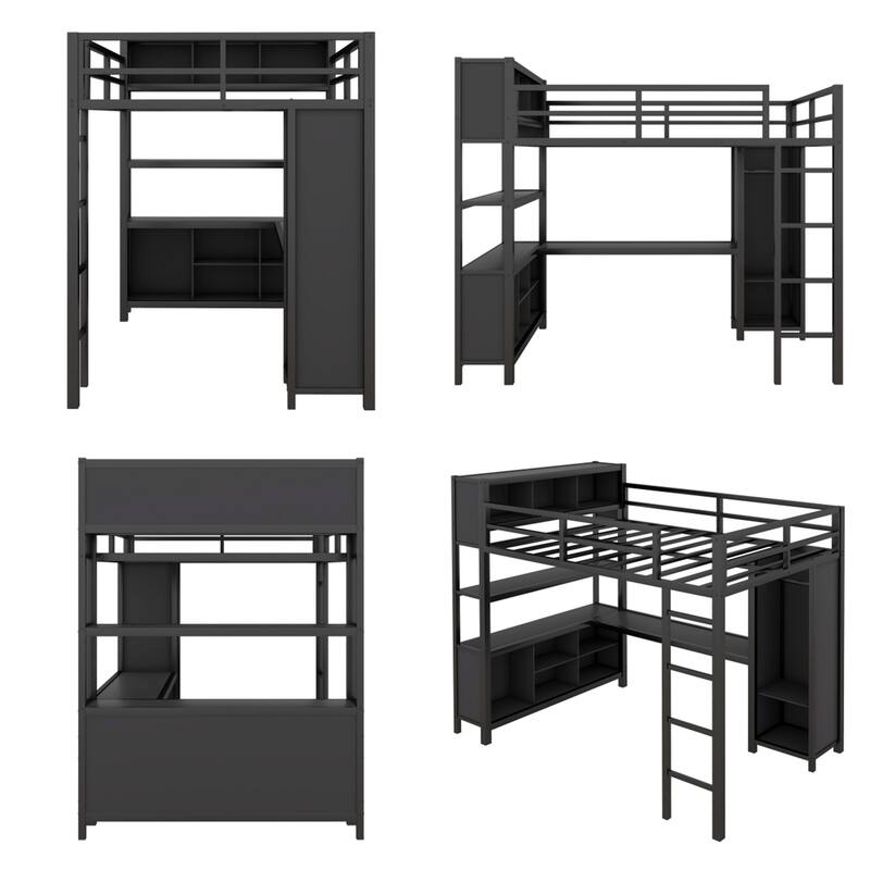 Full Size Metal Loft Bed with Wardrobe and L-shaped Desk and Shelves