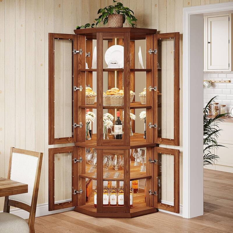 71 Inches Brown Wood Corner Bar Cabinet, 5-Tier Wine Cabinet with Doors & LED Lights for Living Room