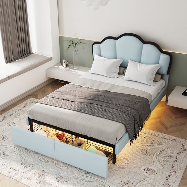 slide 2 of 14, Upholstered Princess Platform Bed with LED and 2 Storage Drawers Blue - Full
