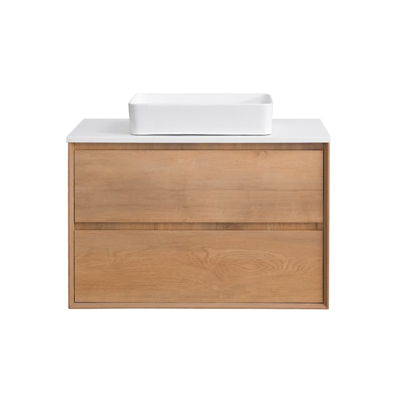 Sylphar 36 inch Toffee Oak Floating Bathroom Vanity with White Quartz Top - Rectangle Sink Style