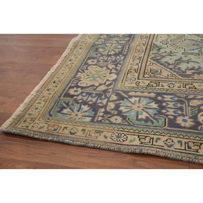Hand Knotted Oriental 100% Wool Carpet Traditional Floral Navy Blue & Blues Tabriz Area Rug - 11' 0'' X 8' 2''