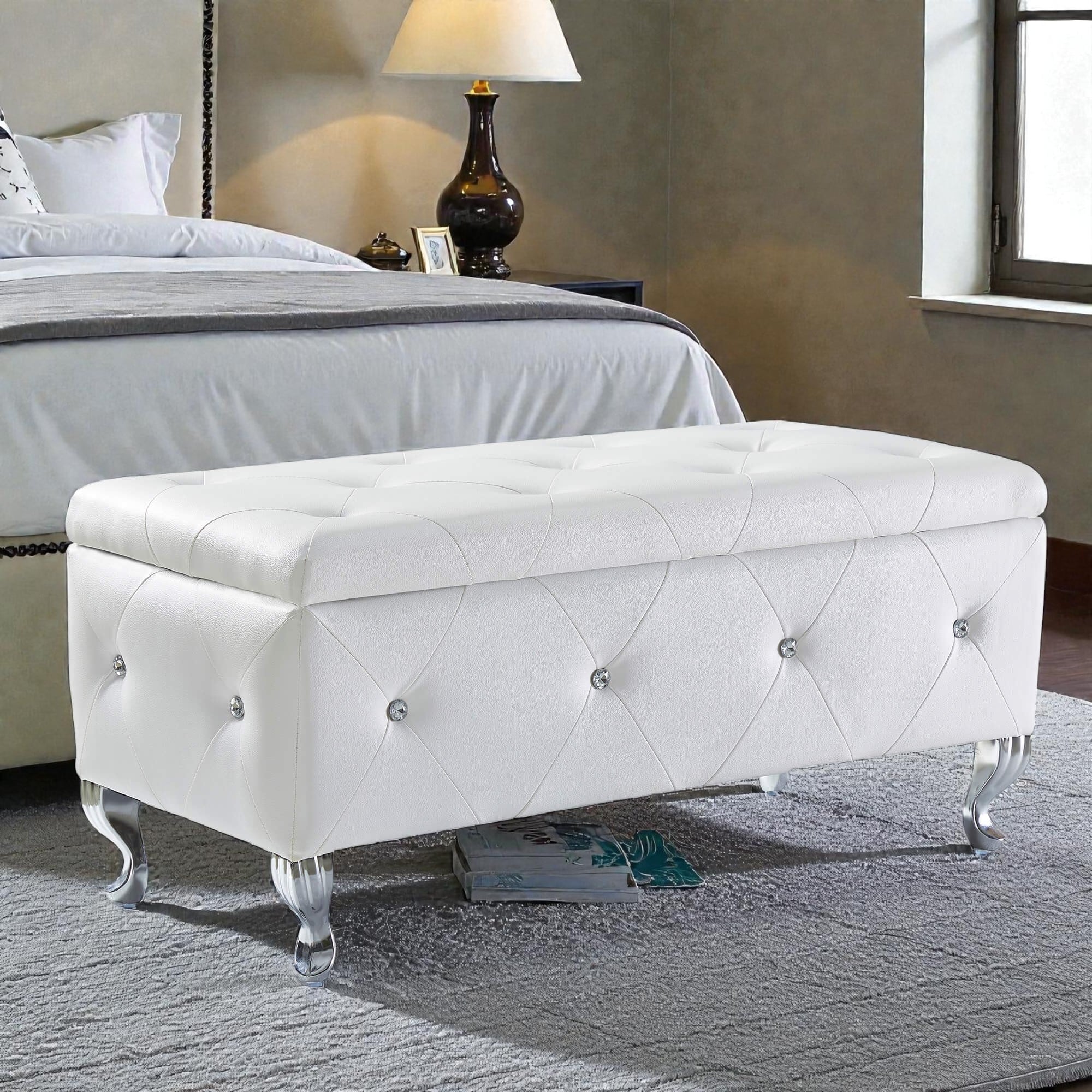 Upholstered Faux Leather Storage Bench with Crystal Buttons and Metal Legs, Rectangular Ottoman - Solid Wood+MDF