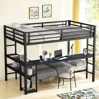 Multi-functional Metal Bunk Bed with LED and USB, Full XL over Twin