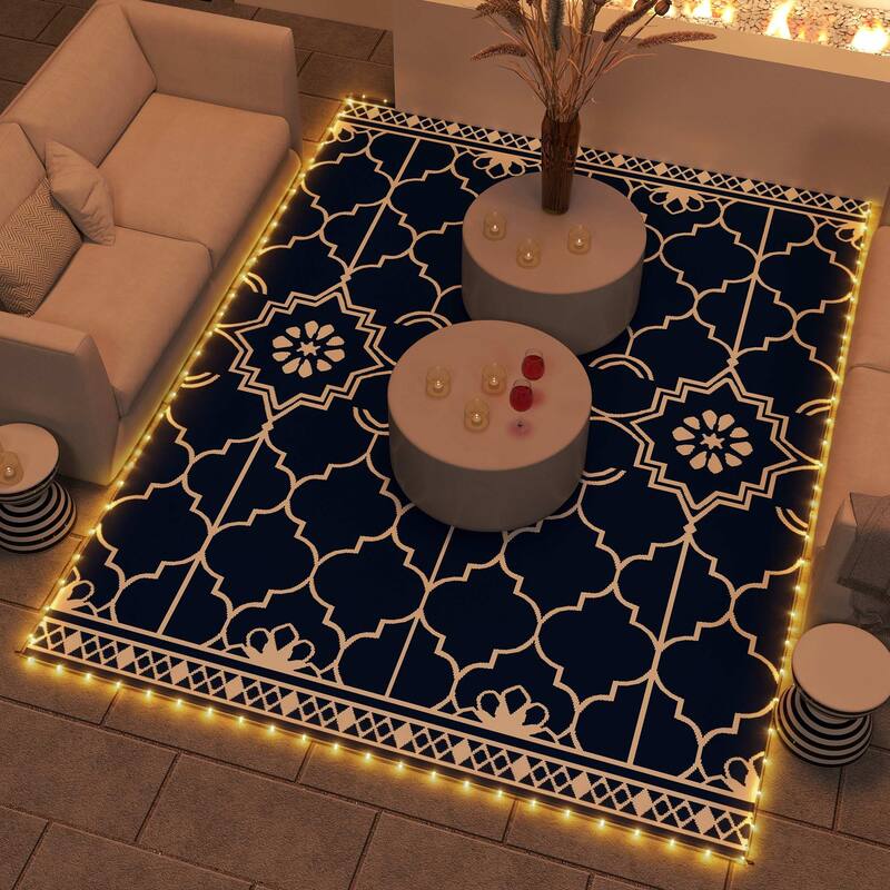 Outsunny Reversible Outdoor Rug Carpet with LED Lights, 12' x 9' PP Straw Rug, Portable RV Camping Mat - 9' x 12' - Blue