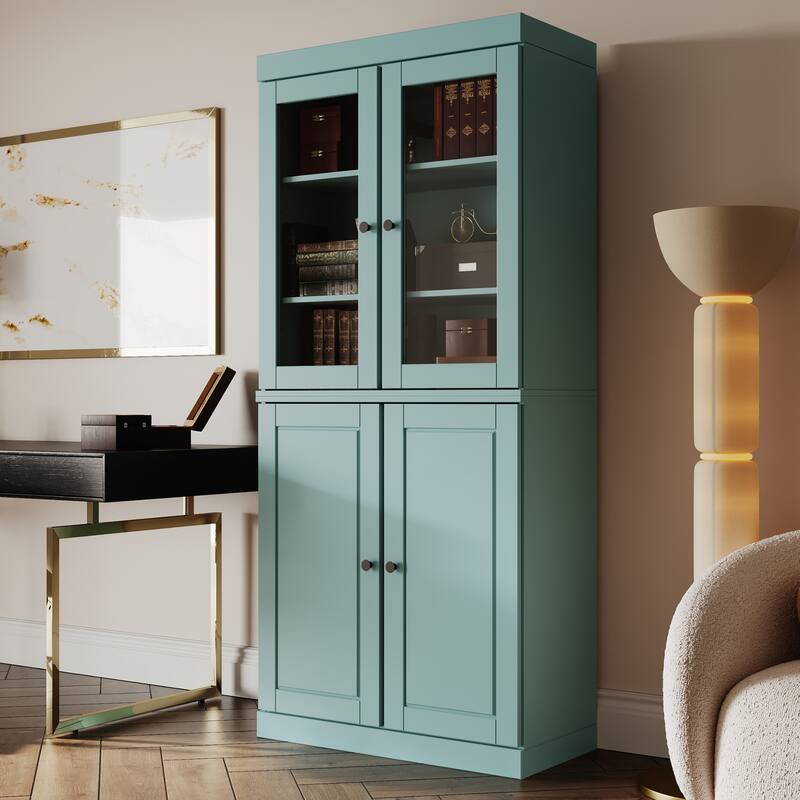 Palace Imports Solid Wood 6-Shelf Bookcase, Raised Panel Clear Glass Doors, Adjustable Shelves - Aqua