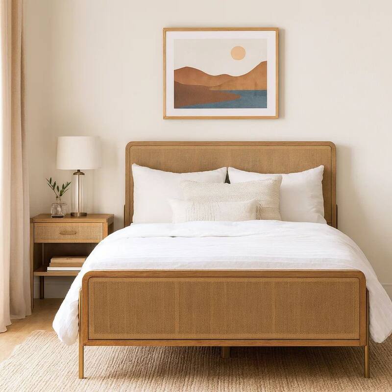 Sea Wood King Size Bed with Woven Cane Design, Open Panel, 4 Slats, Brown