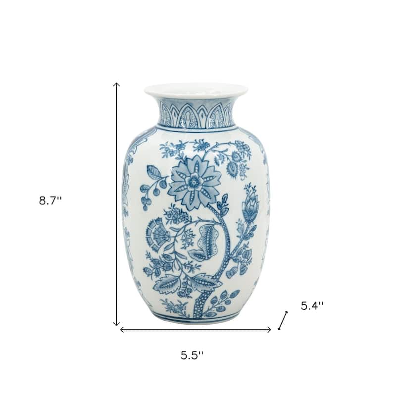 9" Light Blue And White Floral Round Porcelain Jar - 5.50