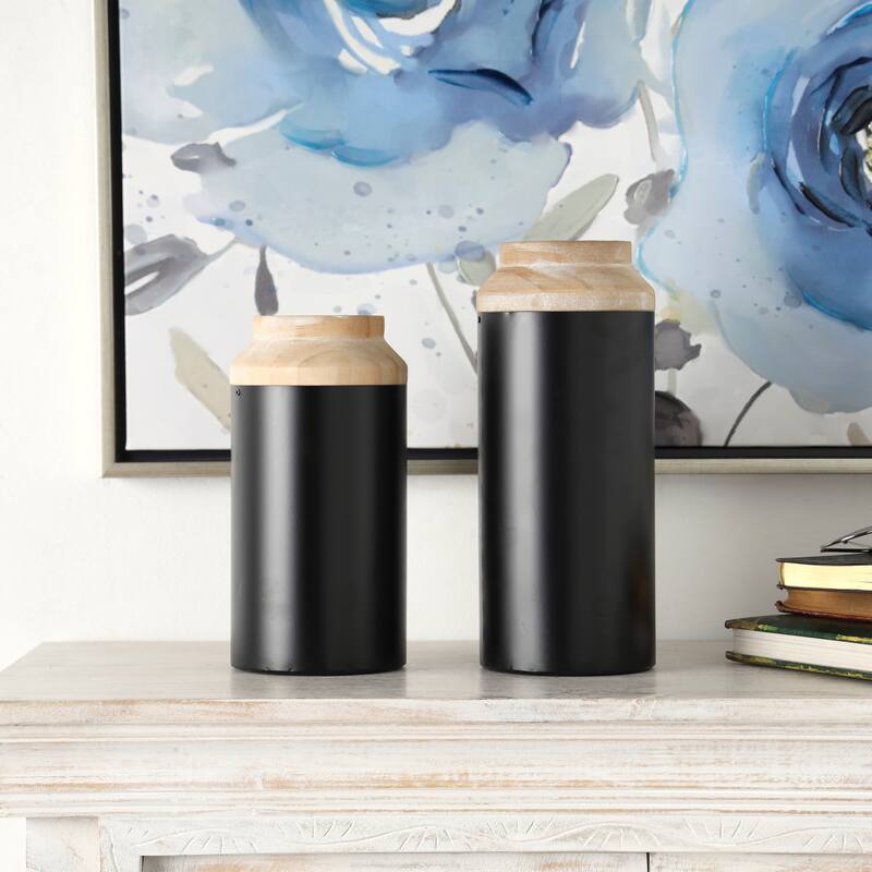 Black Wood Colorblock Decorative Vase with Light Brown Wood Tops (Set of 2) - Black