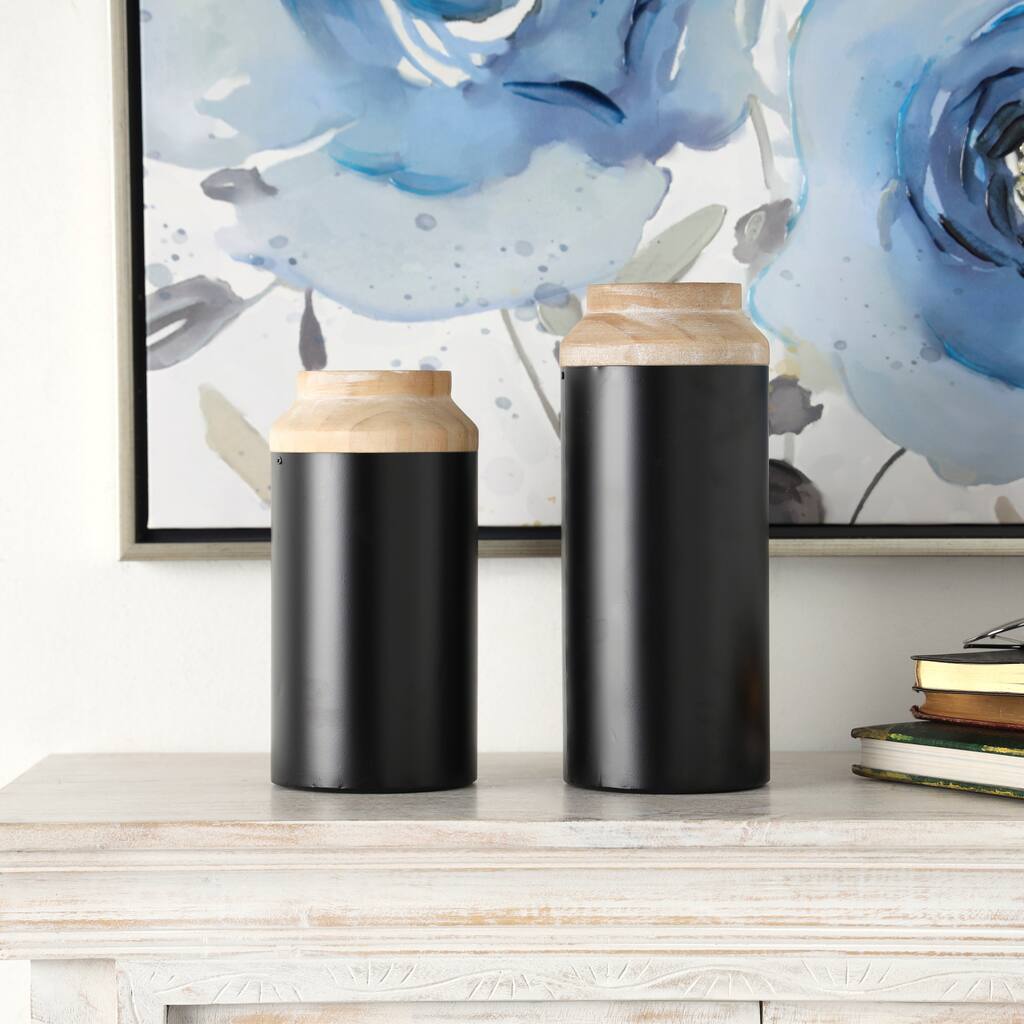 Black Wood Colorblock Decorative Vase with Light Brown Wood Tops (Set ...