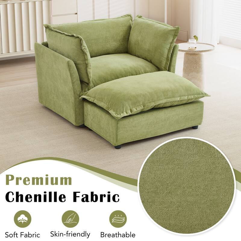 47" Modern Armchair Sofa with Ottoman - Upholstered Lounge Chair, Wide Seat, Curved Armrests & Soft Pillows for Living Room