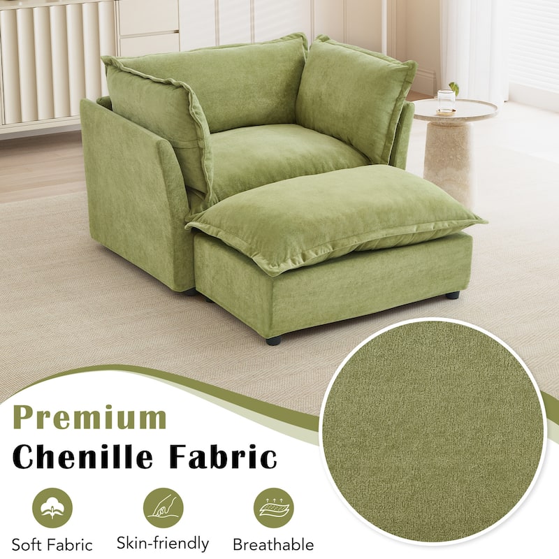 47" Upholstered Sofa Chair Accent Chair with Movable Ottoman, Oversized Chenille Single Sofa Armchair & Ottoman Sets - Green