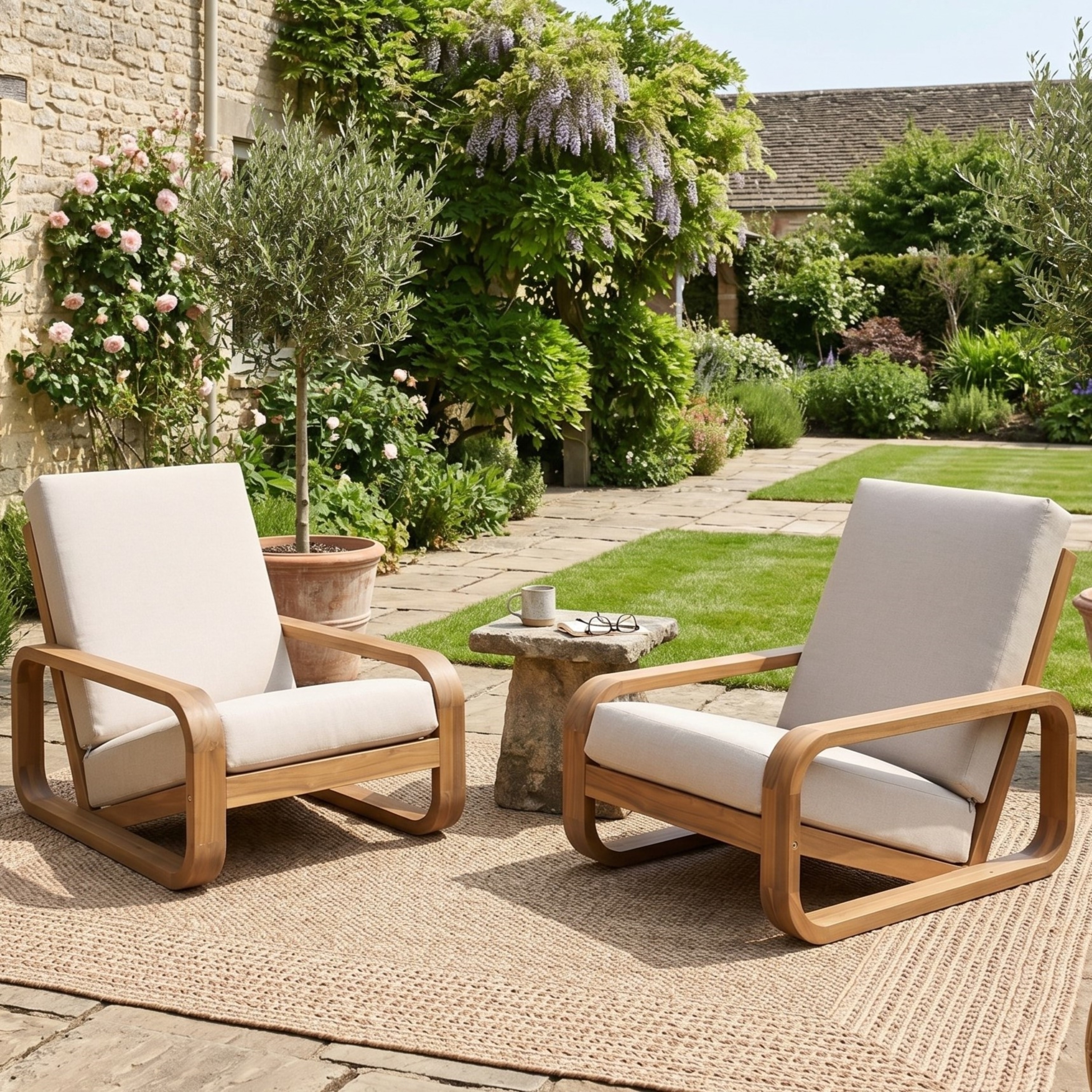 Christopher Knight Home - Outdoor Lounge Chair Acacia Wood with Beige Cushions