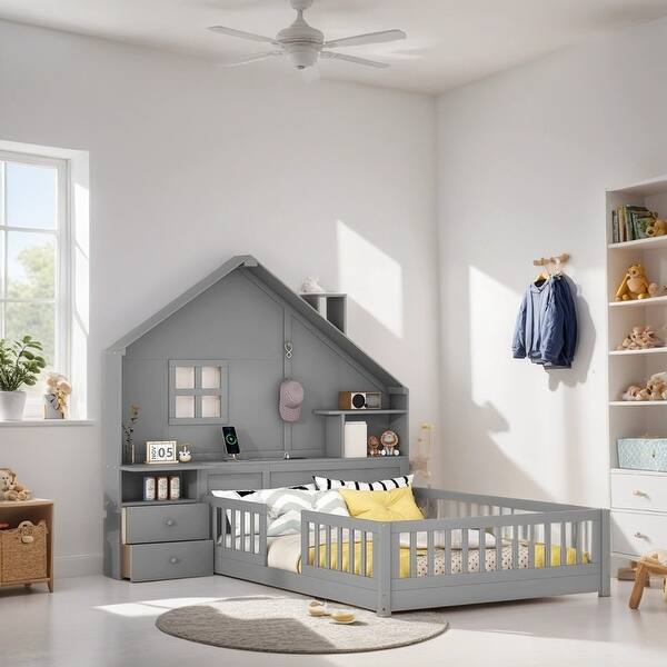 slide 2 of 18, Full Size Kids Bed House Bed with Shelves and Sockets and USB Port, Gray