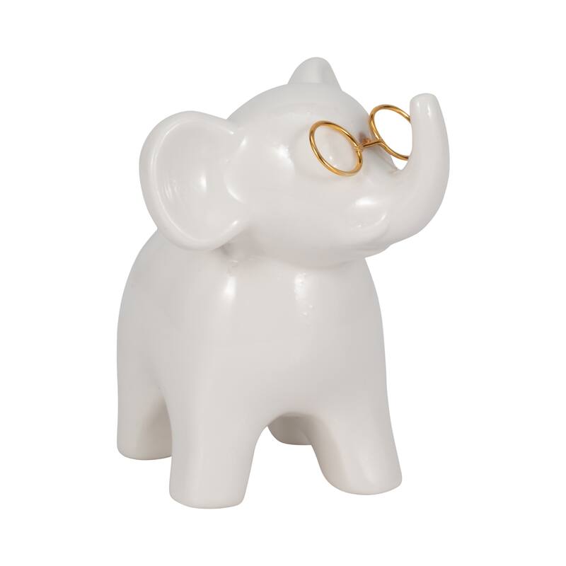 Sagebrook Home Ceramic Elephant Figurine With Glasses, Whimsical White and Gold Decor Accent - 5.5" x 4" x 5.5"