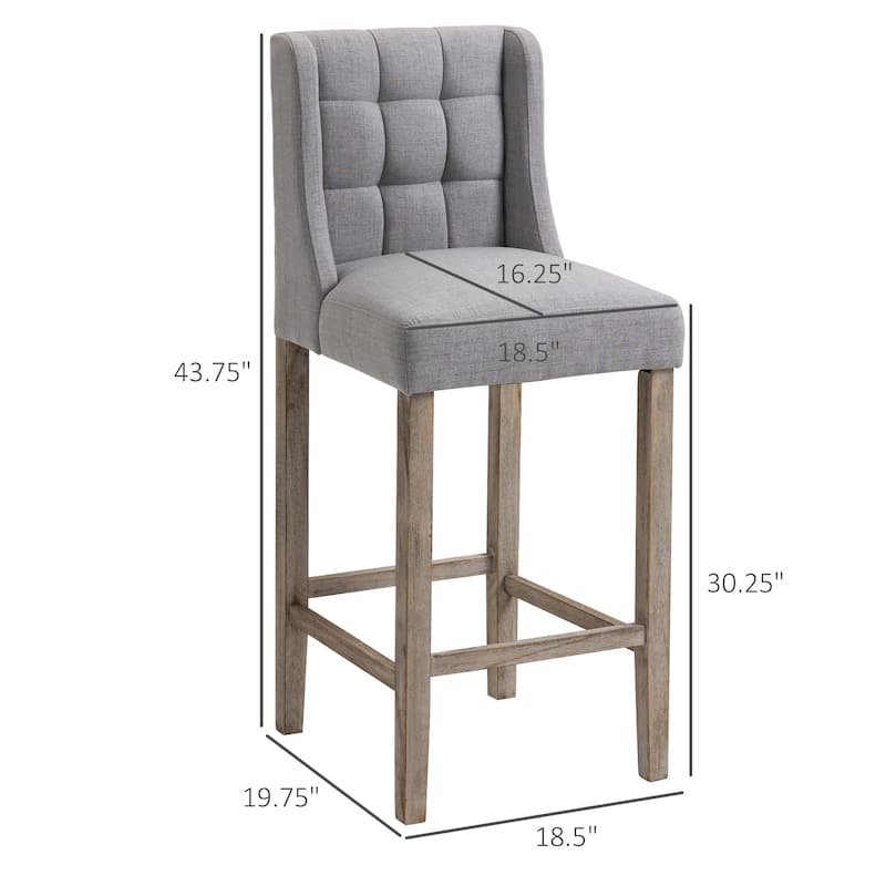 HOMCOM Modern Bar Height Bar Stools Set of 2 Tufted Upholstered Pub Chairs with Back Rubber Wood Legs for Kitchen,Dining Room