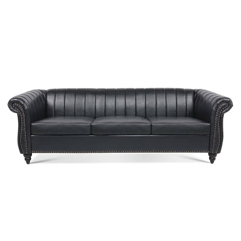 Chesterfield Sofa 83.46" with PU Leather, Quilted Backrest, Birch Legs
