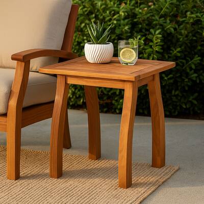 Bang Outdoor Accent Table, 19 Inch, Teak Acacia Wood Slatted Top
