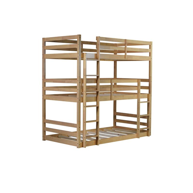 Detachable Triple Twin Bunk Bed with Built-in Ladders and Guardrails, Space-saving Design, White Oak Finish