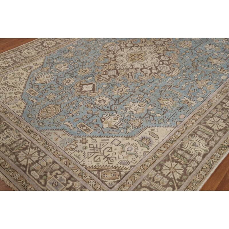 Hand Knotted Oriental 100% Wool Carpet Traditional Medallion Navy Blue & Blues Tabriz Area Rug - 9' 5'' X 6' 7''