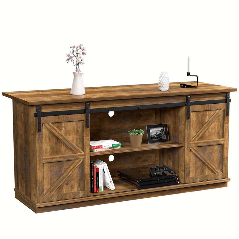 TV Stand 2 -shelf for TVs 43'' up to 65''. Simple living and Modern Mid-century, farmhouse barn door -easy to store something