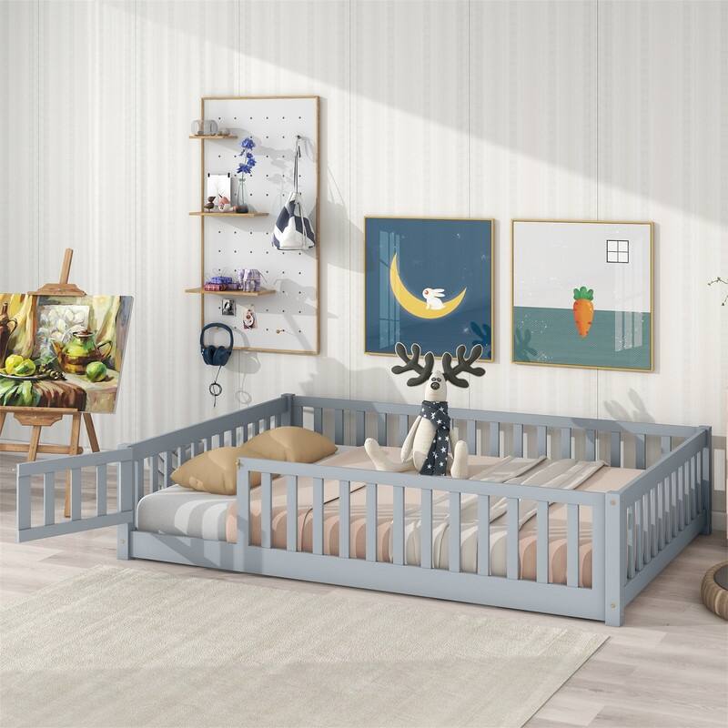 Twin/Full/Queen Size Floor Bed with Fence Guardrails and Door, Rubber Wood Toddler Bed Montessori Bed with Slats Support - Grey - Full