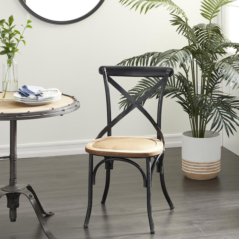 Metal Dining Chair with Brown Rattan Seat with or without Curved Details - Set of 2 Black or White - Roche River Decor