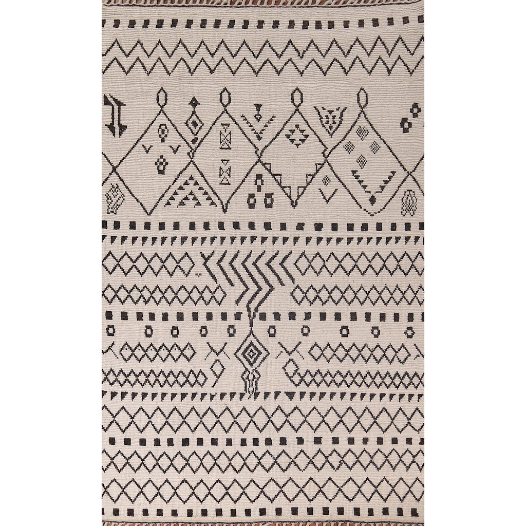 Ivory Trellis Moroccan Area Rug Hand-Knotted Wool Carpet - 7'0"x 10'4"