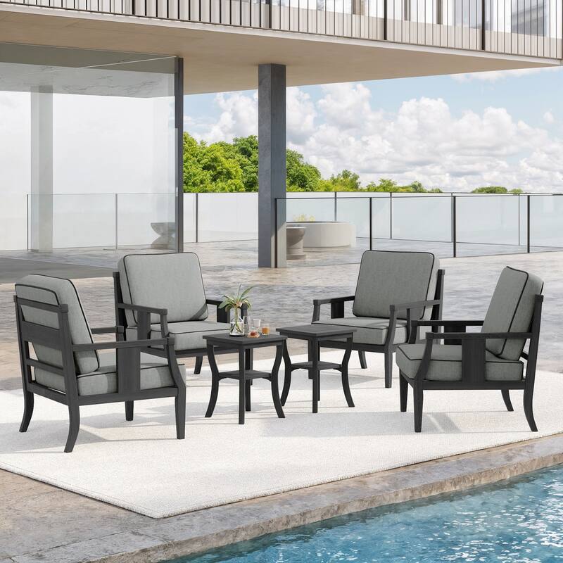 6-Piece Outdoor Teak Seating Set Armchair Patio Conversation Sets with 2 Tables, Cushion - Dark Wood - Grey