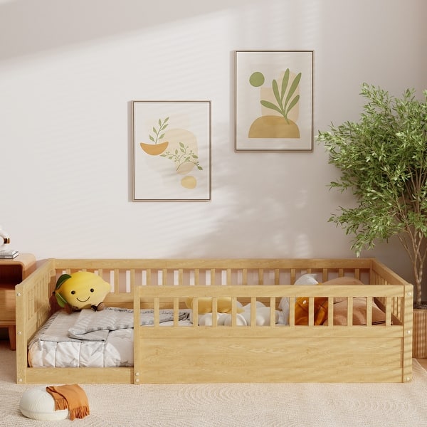 slide 2 of 8, Twin Size Wood Kids Floor Beds Frame with Fence and High Guardrails Natural