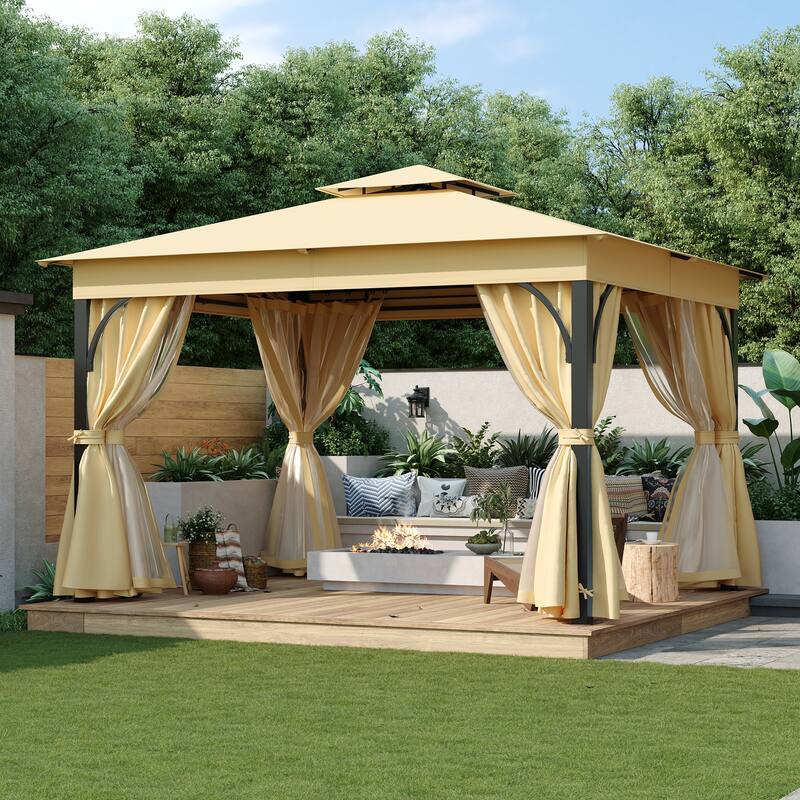 Outdoor Gazebo Tent with Double Roofs, Mosquito Netting & Privacy Screens - Beige-10'×12'