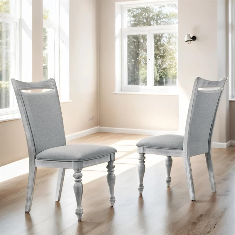 Upholstered Turned Leg Dining Chairs, Set of 2, Rustic White - White