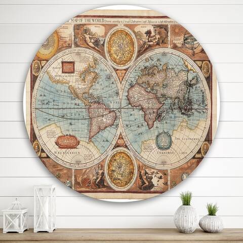 Designart 'Ancient Map of The World VIII' Vintage Metal Circle Wall Art