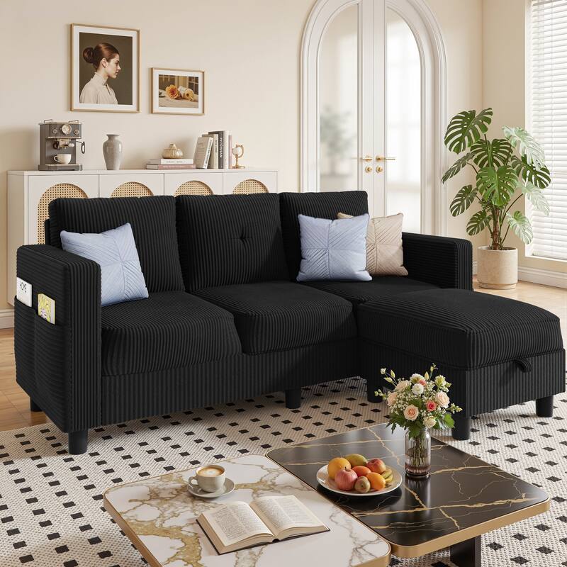 76'' Modern L-Shaped Sofa Couch with Movable Ottoman & Storage - Black
