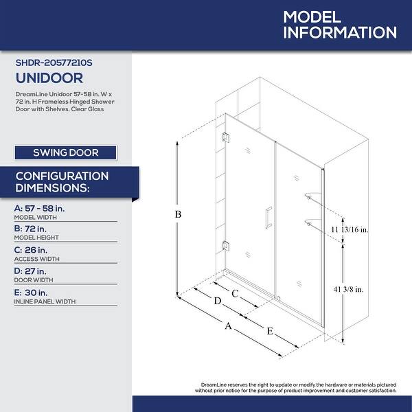 DreamLine Unidoor 57-58 in. W x 72 in. H Frameless Hinged Shower Door with Shelves - 57" - 58" W