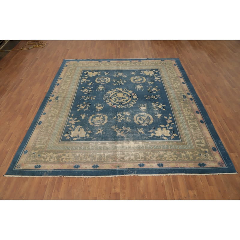 Hand Knotted Oriental 100% Wool Carpet Traditional Medallion Navy Blue & Blues Art Deco Area Rug - 10' 0'' X 8' 10''