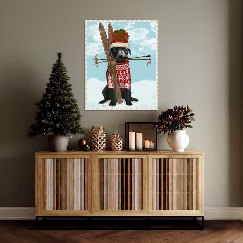 Black Labrador Skiing by Fab Funky (23 x 28 in.), Framed Canvas Wall Art Print - Sylvie Beaded White
