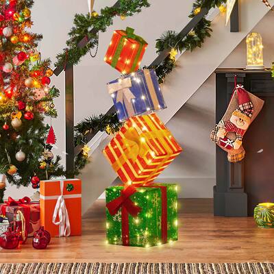 Lighted Box Tower Stacked Pre-lit Boxes Light up Gift Box Decorations - Red + Blue + Gold