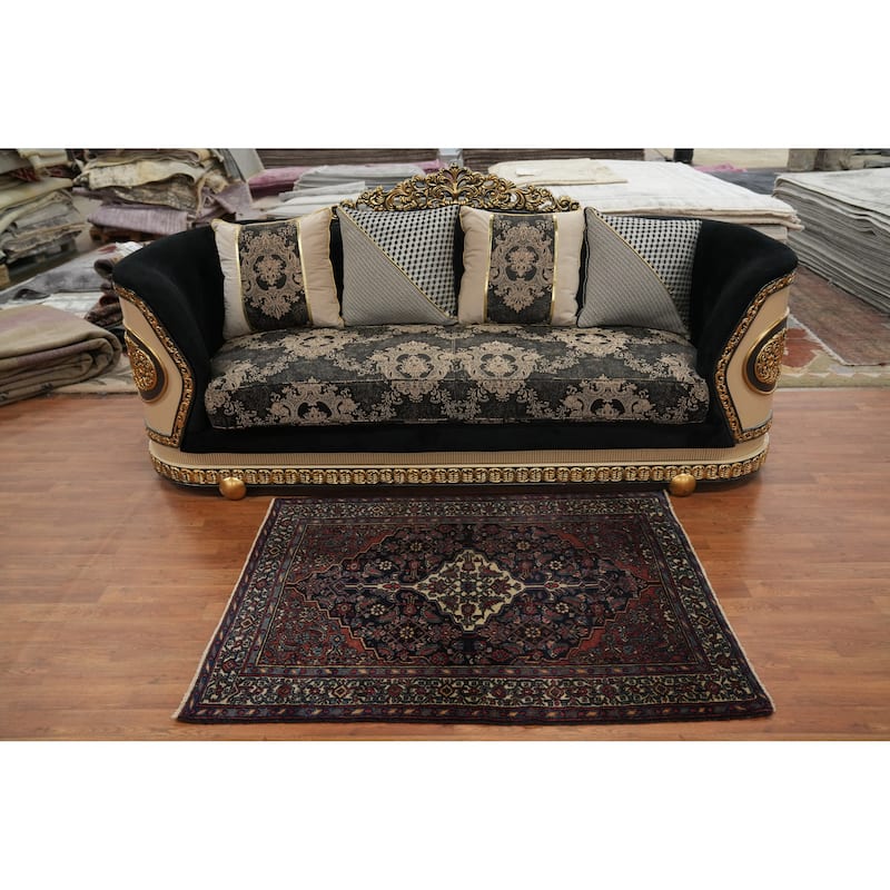 Hand Knotted Oriental 100% Wool Carpet Traditional Floral Navy Blue & Blues Bibikabad Area Rug - 4' 9'' X 3' 7''