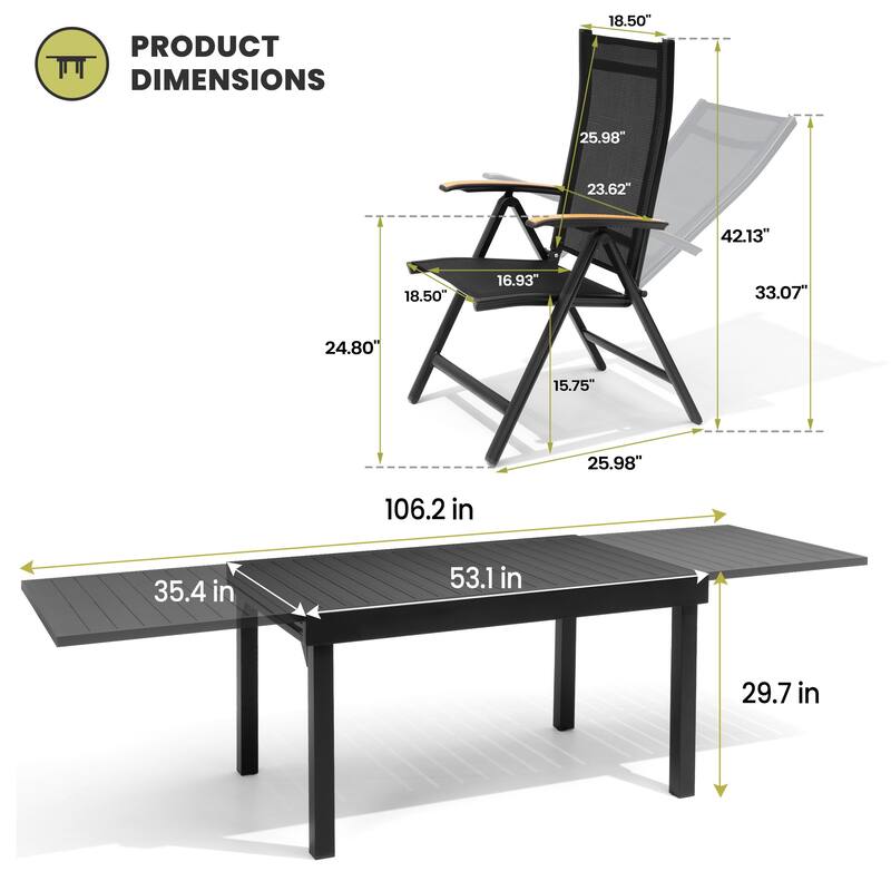5/7/11-Piece Outdoor Patio Dining Set Aluminum Expandable Rectangular Dining Table with Adjustable Back Folding Chairs