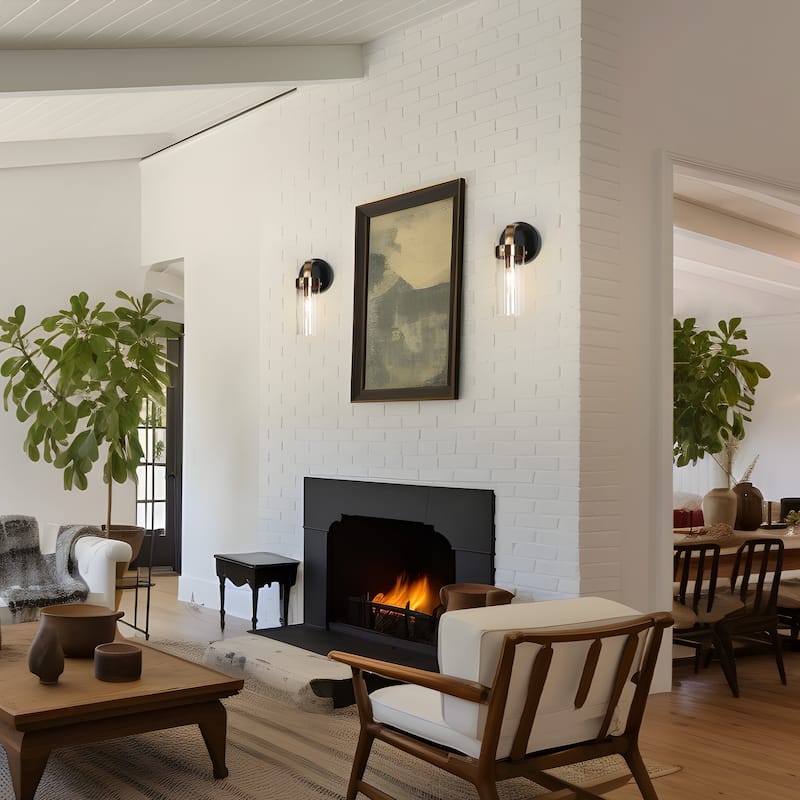 Modern 1-Light Black Gold Cylinder Glass Armed Wall Sconce Dimmable Vanity Light - 4.7" L x 5.5" W x 10" H