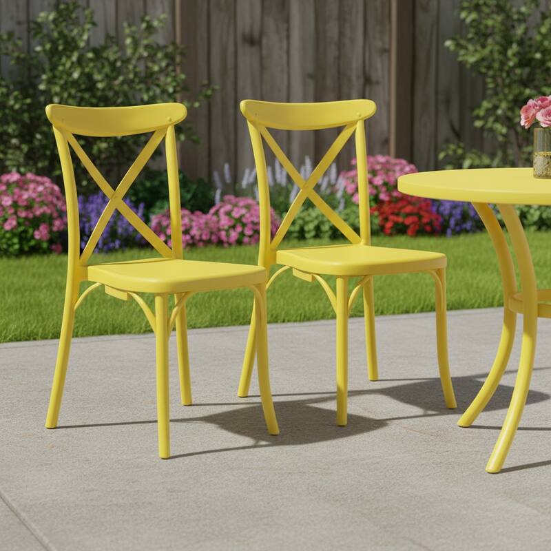 HomeRoots Set of Two Yellow Heavy Duty Plastic Outdoor Dining Chairs