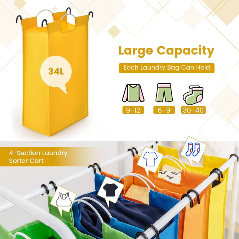 Costway 4 Bag Laundry Sorter Cart Clothes Hamper Storage Organizer - See Details