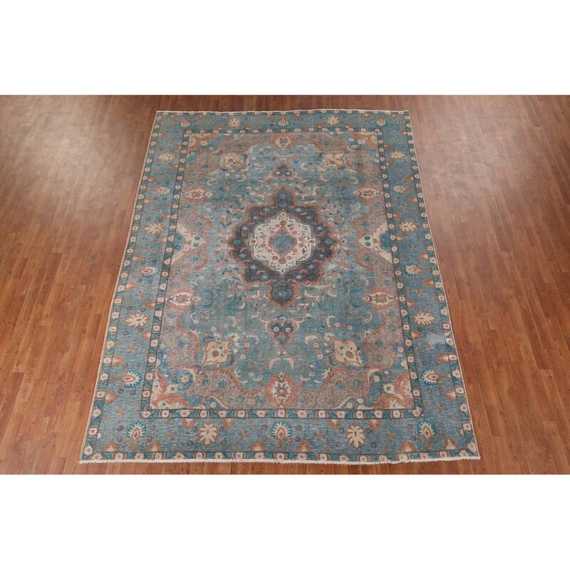 Distressed Blue Tabriz Persian Rug Handmade Wool Carpet - 8'1" x 10'11"