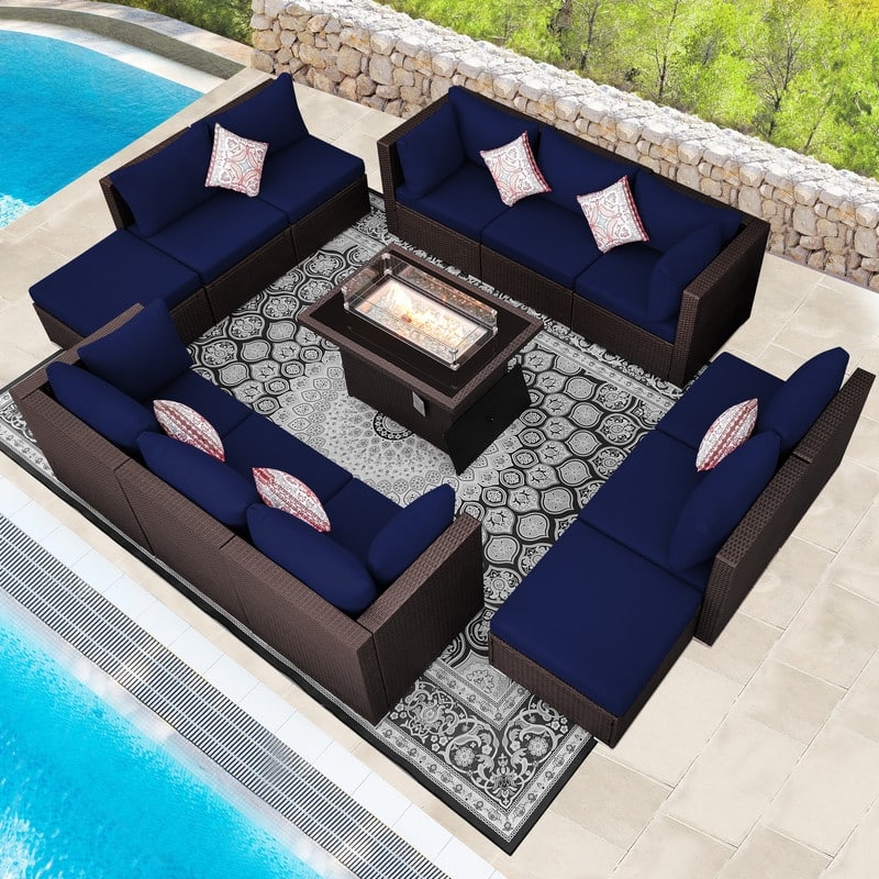 13-Piece Outdoor Wicker Patio Sectional Conversation Set with 43" CSA Fire Pit Table