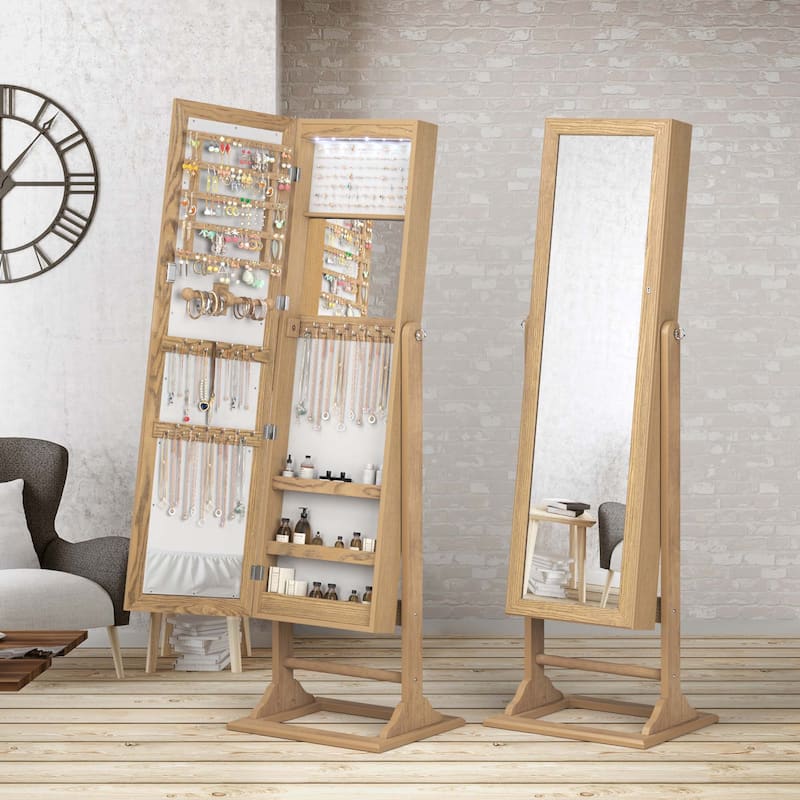Costway Jewelry Cabinet Full-Length Mirror Lockable Jewelry Armoire - See Details - Natural