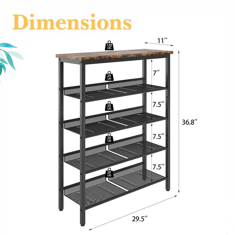 5-Tier Shoe Rack, Storage rack with 4 mesh shelves, Metal Frame - 30"Lx11.5"Wx37"H