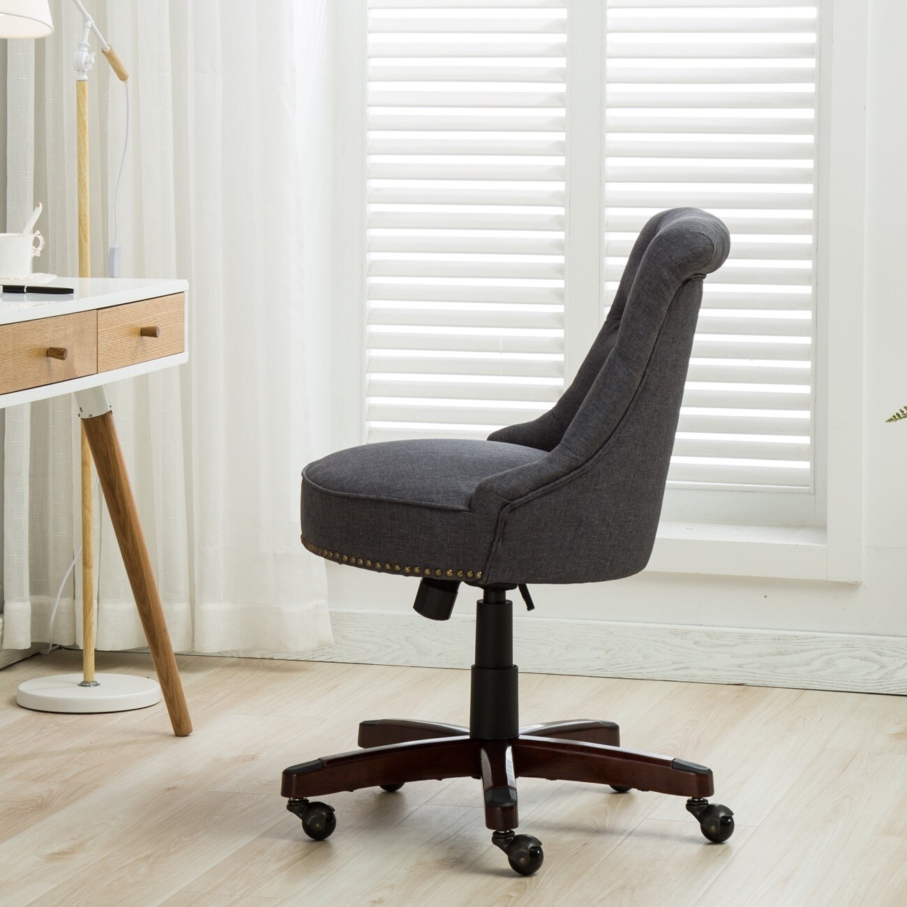 Wooden Study Chair With Cushion  : Nail Head Trim Running Down The Armrest Along With Cushioned Seating And Linear Armrests.