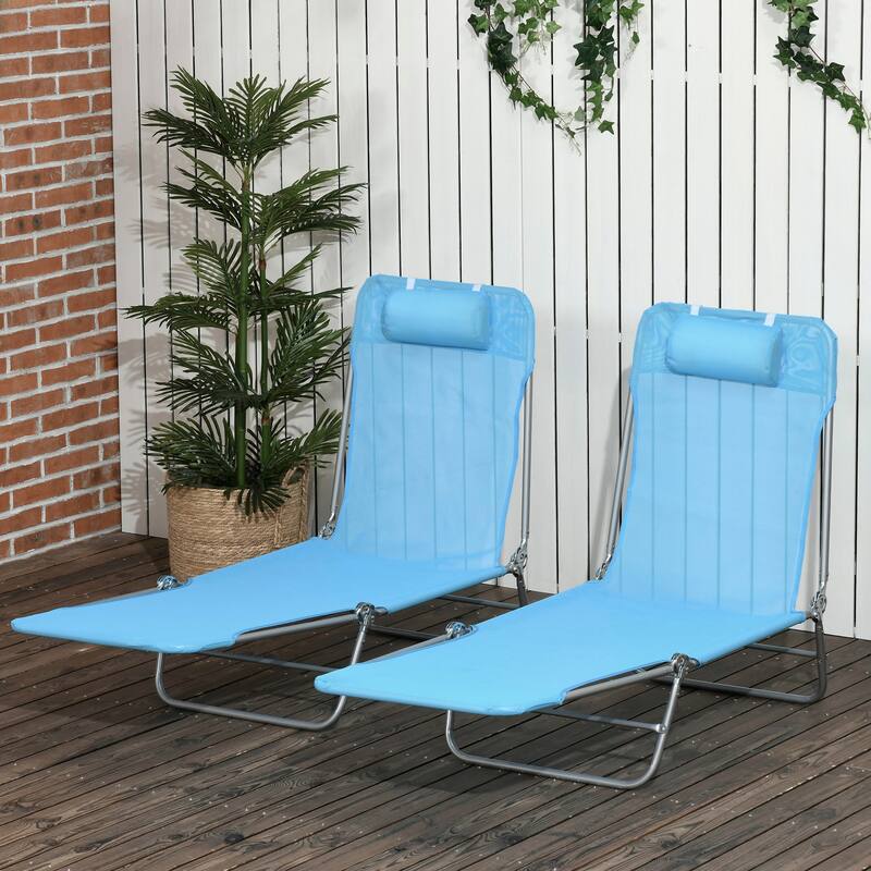 Outdoor Folding Chaise Lounge Chairs with 6-Position Reclining Back, Breathable Mesh Seat, Headrest, Set of 2