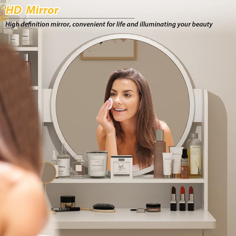 Timechee Makeup Vanity Set with Round Mirror, Drawers & Shelves - White - 31.5''L x 15.7''W x 52''H