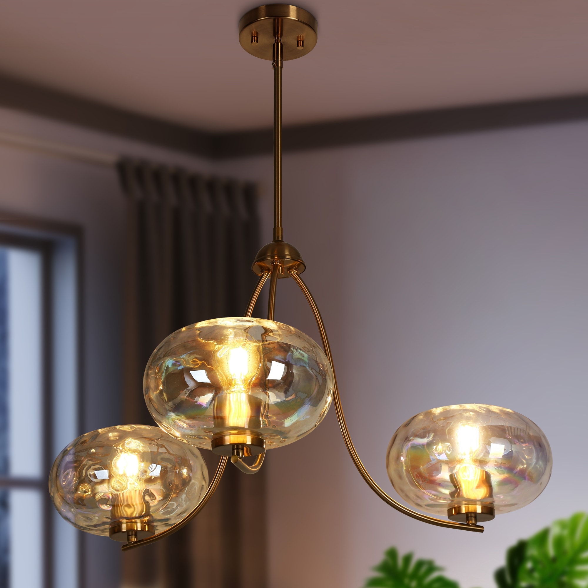 Modern Glam 3-Light Chandelier Gold Textured Glass Ceiling Light for Dining Living Room - D31" x H14"